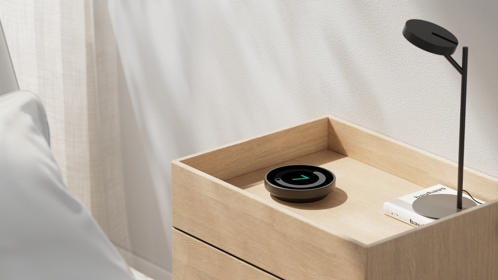 A bedside table at night